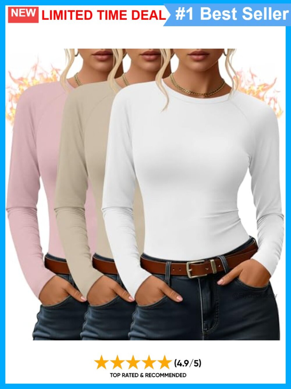Women's 3 Pack Thermal Long Sleeve Crew Neck Raglan Base Layer Shirts
